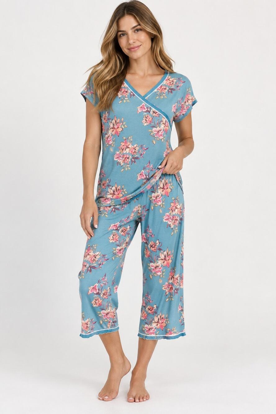 Garnet Hill Organic Cotton Blue Pink Floral Asian Wrap Pajama Set Small